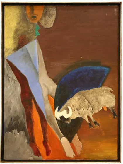 'Sacrifice,' an acrylic on canvas by M.F. Husain from the late 1970s. The poised figure, the gentle goat, and the rich geometry of color come together in a quiet narrative of offering or transformation.
