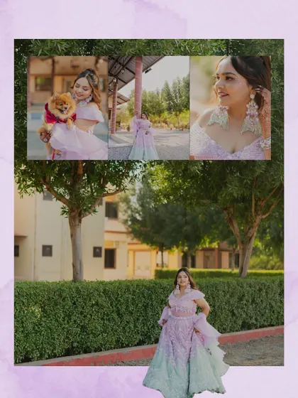 A creative collage of the bride at the wedding carnival, including a sweet moment with her pet. It’s a beautiful summary of her look and the personal touches of the day.