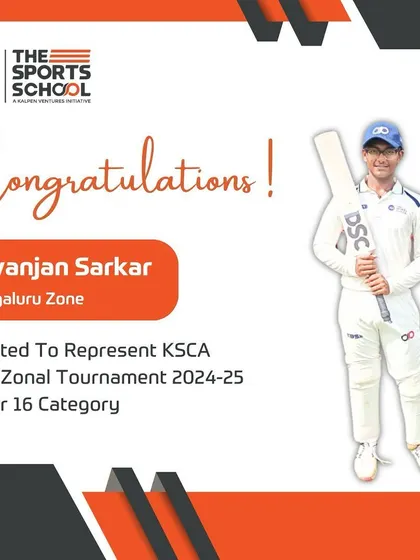 Devanjan Sarkar is selected for the KSCA Inter-Zonal U16 Tournament, representing the Bengaluru Zone.