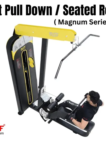 An angled view of a user on the seated row station.