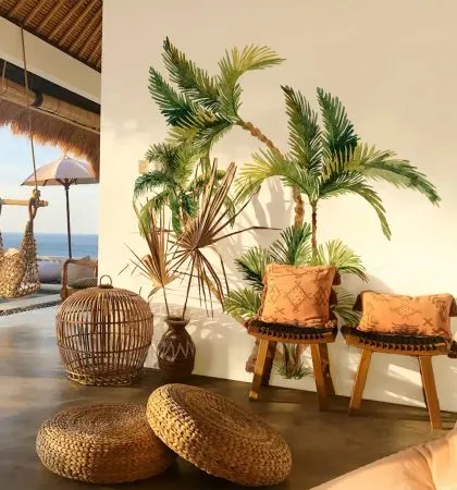 This cozy seating area is transformed into a bohemian paradise with our Group of Palm Trees wall stickers. The design complements the natural textures and creates a relaxed vibe.