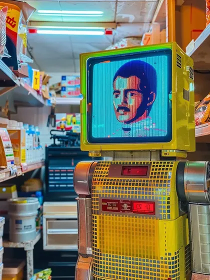 Another 'kiranatech' model, this one in yellow, with a different face on its screen. I imagine these as customizable, low-cost solutions for small shopkeepers.