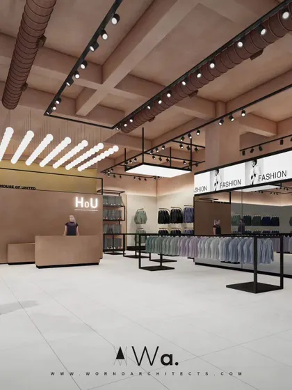 Another perspective of the apparel store layout, showing the arrangement of clothing racks and display units. The spacious aisles and clear sightlines are designed to ensure a comfortable and seamless customer journey.