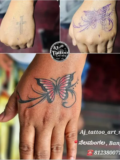 A great example of a fresh start. I transformed a simple cross tattoo on the hand into this vibrant, detailed butterfly design, giving my client a piece she is now proud to wear.