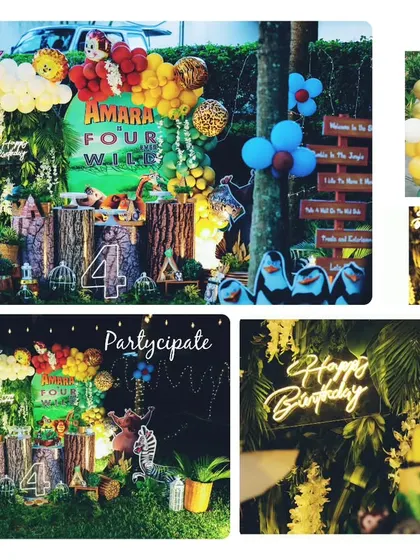A collage from a 'Madagascar' themed party. We brought the beloved characters to life with custom cutouts, a jungle-inspired balloon arch, and a light-up 'Happy Birthday' sign.
