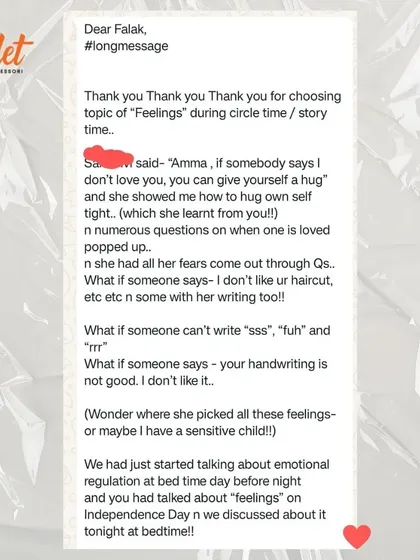 Our work extends beyond academics to nurture emotional intelligence. This heartfelt message from a parent shows how a simple classroom discussion about feelings helped her child articulate fears and practice self-love. This is the heart of our mission.