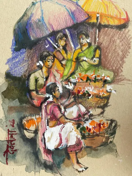 A quick practice sketch of a flower market scene in mixed media on tanned paper. The colors and energy of a flower market are something I absolutely love to capture.