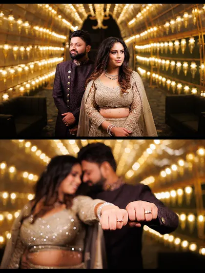 A dramatic portrait of a couple showing off their engagement rings. The tunnel of lights creates a stunning visual effect, perfect for capturing the magic of the evening.