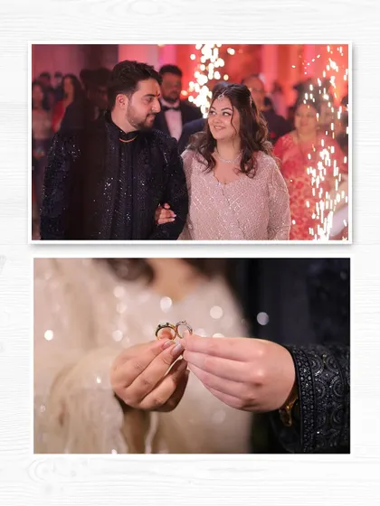 This two-photo layout shows the couple's grand entrance with sparklers and a close-up of the engagement ring, highlighting key moments of the event.