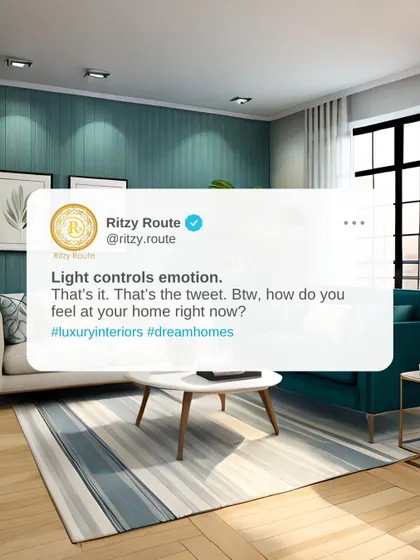 Light controls emotion. This living room uses a cool color palette with a teal accent wall and ample natural light to create a refreshing and calming atmosphere.