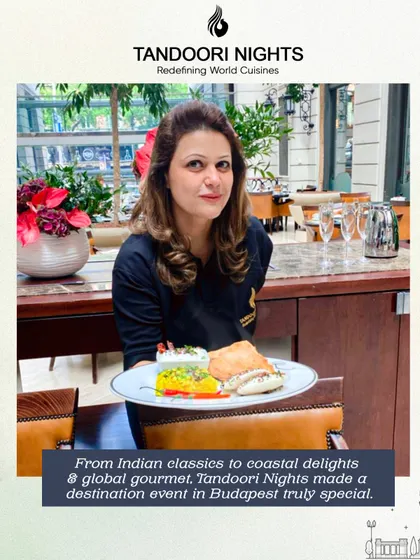 Our co-founder presenting a plate of our global gourmet cuisine at the destination event in Budapest, highlighting our hands-on approach to international catering.