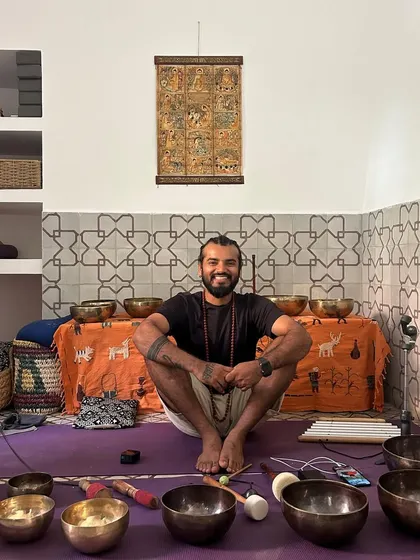 Me, surrounded by my instruments, ready to begin a sound journey.