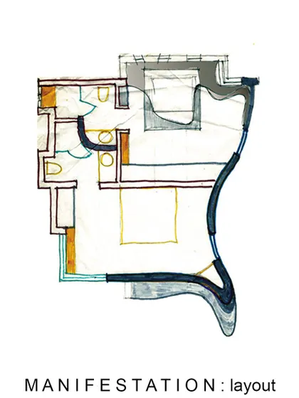 A "manifestation layout" sketch, translating the fluid ideas of space into a preliminary floor plan.