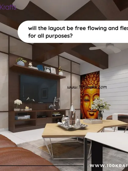 Clients often ask for a free-flowing layout. This living room, with its rich leather sofas and serene Buddha artwork, showcases our expertise in creating open, flexible spaces that serve multiple purposes.