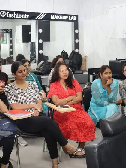 A live makeup demonstration in our Makeup Lab. Students get to observe techniques up close before practicing them on their own.