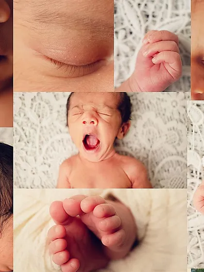 A collage of all the precious details. From a sleepy yawn to tiny ears and lips, this composition tells the complete story of your perfect newborn.