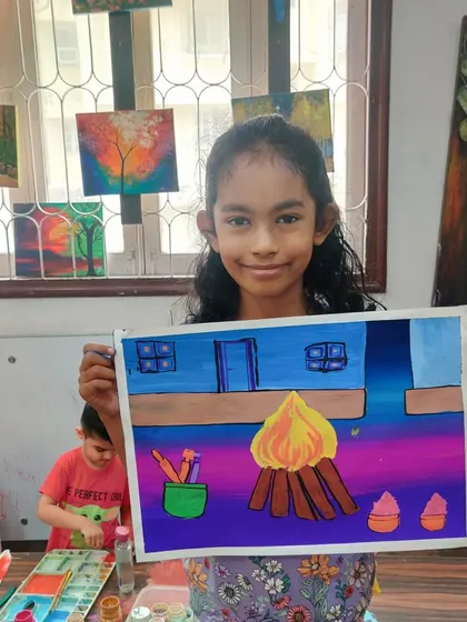A creative take on the Holika Dahan bonfire. This young artiste used bright, contrasting colours to create a magical night scene.