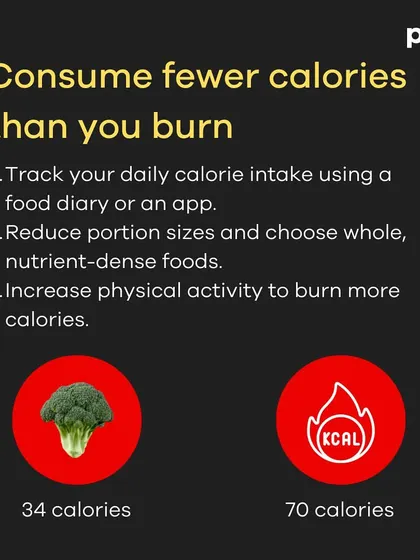 A carousel outlining five proven strategies for weight loss. It covers the fundamentals: calorie deficit, prioritizing protein, strength training, and getting enough sleep.
