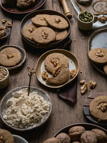 Another perspective of the cookie flatlay, showcasing the arrangement of ingredients and baked goods.