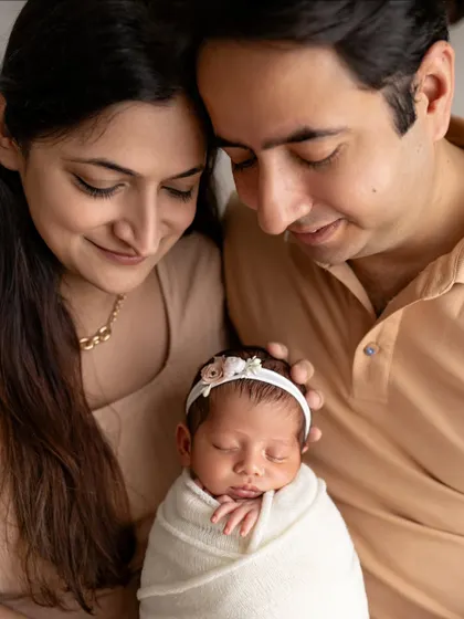 A tender moment between new parents as they admire their sleeping baby. The soft, neutral tones of their outfits and the studio background keep the focus entirely on their love and connection.