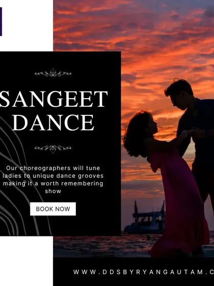A romantic silhouette of a couple dancing at sunset. I can help you create a sangeet dance that is both beautiful and a memorable show for your guests.
