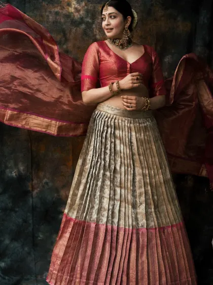 A beautiful shot showing the flow and elegance of the traditional outfit. The lighting is designed to mimic a classic painting.
