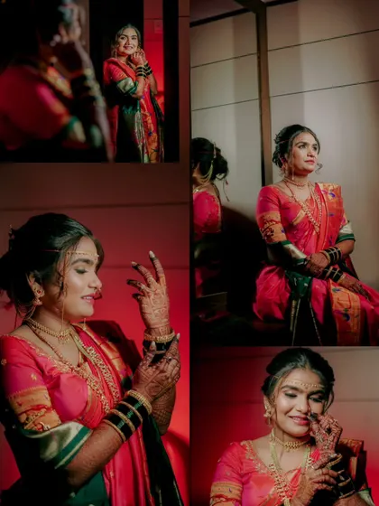 A collage of the bride getting ready, capturing her thoughtful and happy moments in front of the mirror.