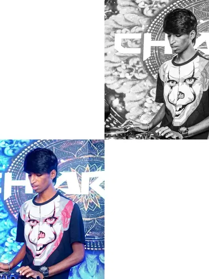 A collage-style edit, combining a color and a black and white shot from the same performance.