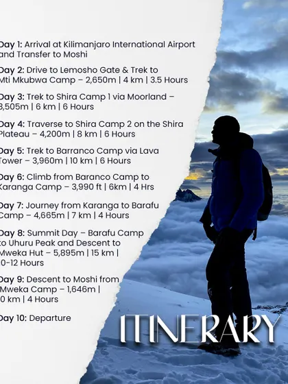 The detailed 10-day itinerary for our Kilimanjaro climb via the scenic Lemosho Route. We focus on proper acclimatization to ensure a high success rate.