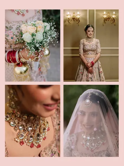 A collage of bridal details: the bouquet, the necklace, and close-ups of the bride smiling under her veil.