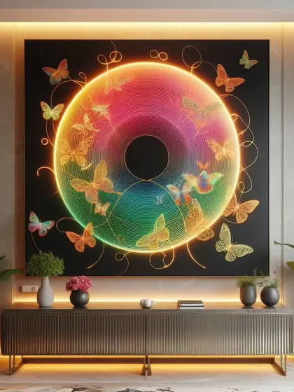 A series of our popular butterfly Enso circle installations. These pieces combine LED backlighting with three-dimensional elements to create a mesmerizing display of light, color, and movement, symbolizing transformation and enlightenment.