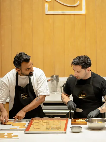 A decade of friendship and a shared passion for pastry. Chef Vinesh and Chef Andres Lara collaborate in the kitchen, a true celebration of camaraderie.