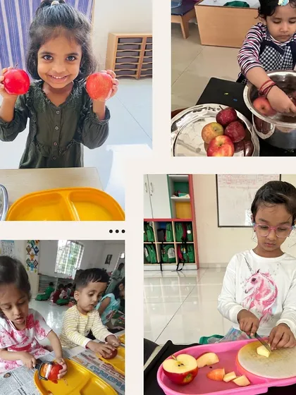 An apple a day, prepared the Montessori way. Children practice washing, peeling, and cutting apples, developing their fine motor skills and learning about food preparation. Sharing the delicious results with friends makes the experience even sweeter.
