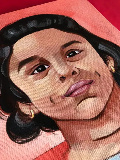 A closer look at the details in Jiza's acrylic portrait. Notice the subtle shifts in color on the skin and the highlights in her hair, all painted by hand on canvas.
