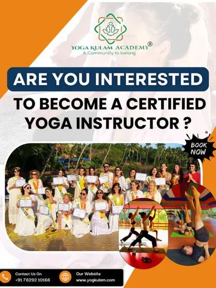 An invitation to become a certified instructor in Kerala, featuring photos of our graduation ceremony and practice sessions, showing the supportive community you will join.