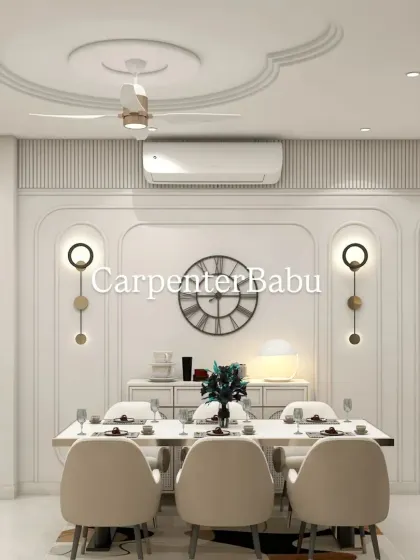 An elegant dining room setup featuring classic wall molding, modern circular sconces, and a statement clock. The design feels timeless and sophisticated, perfect for formal dinners.