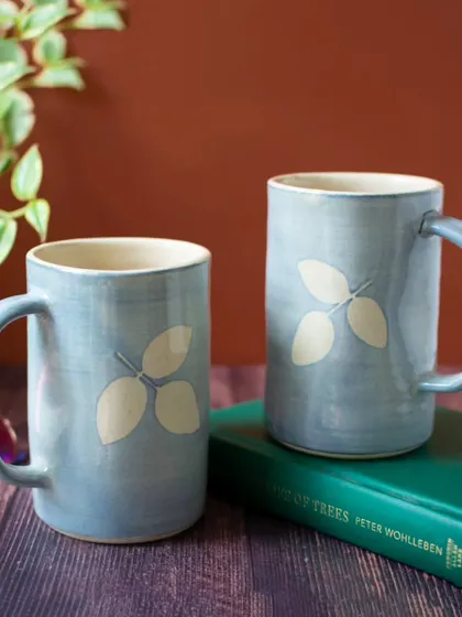 Raise a glass to craftsmanship with my ceramic Snowflake mugs. The pastel blue glaze and delicate leaf motif have a charming, rustic feel. They are generously sized, making them perfect for your favorite hot or cold brew.
