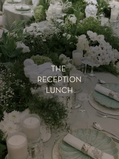 A title card for 'The Reception Lunch', set against a beautifully detailed tablescape, signaling a sophisticated dining event.