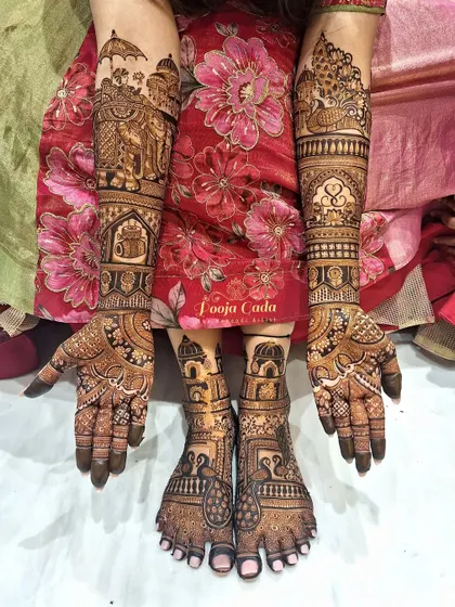A full bridal set with a groom on an elephant, peacocks, and lotus motifs, creating a truly royal look.