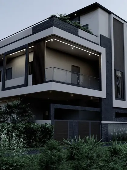 A sleek and modern house design featuring a black and white theme. The cantilevered upper floor creates a dramatic effect, while the glass railings on the balcony ensure unobstructed views.