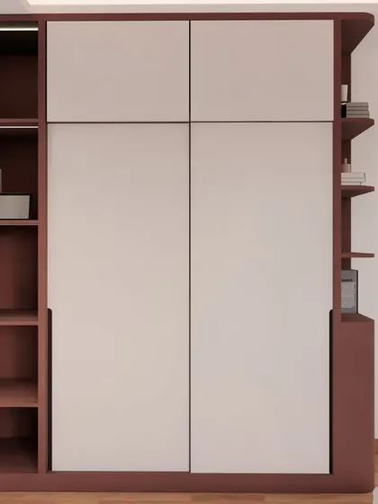 The wardrobe in the 'Dusty Rose' room features open shelving on the sides, providing space for decor and books.