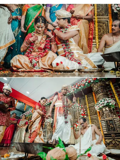 A collage of the wedding ceremony, focusing on the sacred rituals like tying the mangalsutra and the laja homa.