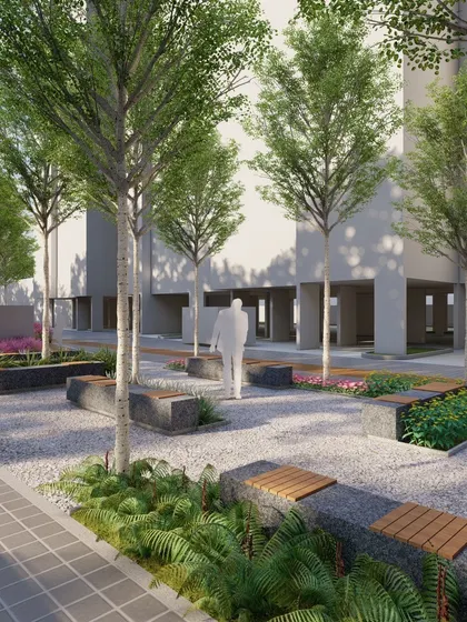A render of a shaded seating area nestled between apartment towers. We use gravel, stone planters, and wooden bench tops to create a modern, low-maintenance public space.