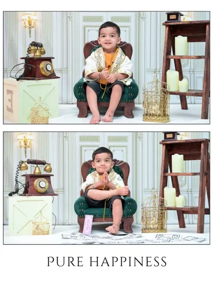 A collage titled "Pure Happiness" showing two poses from the vintage session. The elegant backdrop and classic props create a sophisticated setting for these joyful portraits.