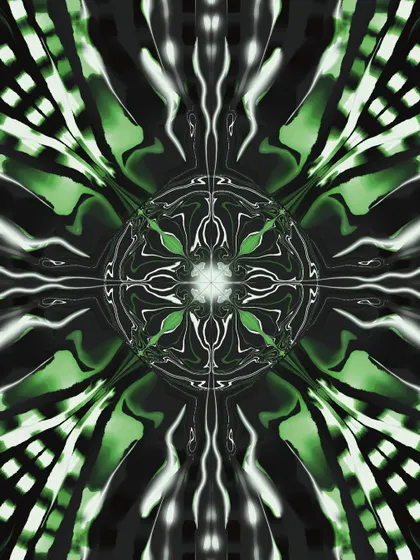 This is another experimental mandala, this time using a stark green, white, and black palette. The design has a sharp, almost tribal feel, showing the versatility of the symmetrical patterns I create.