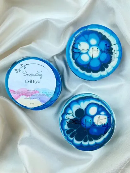 Another view of the Evil Eye soap. This design is always a conversation starter and a great seller at markets.
