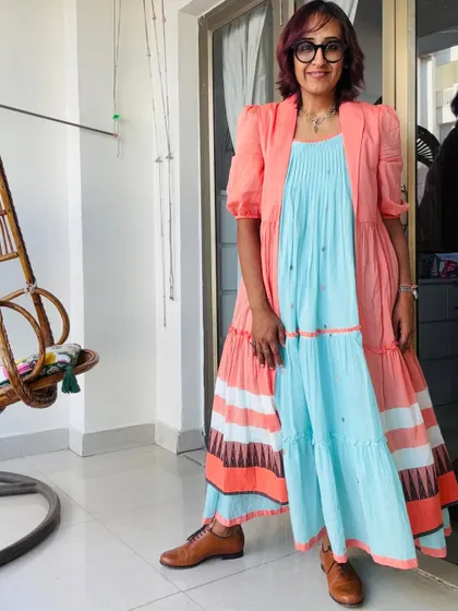 Another angle of my dressy Saturday outfit. The colors and flow of the dress make it so joyful to wear.