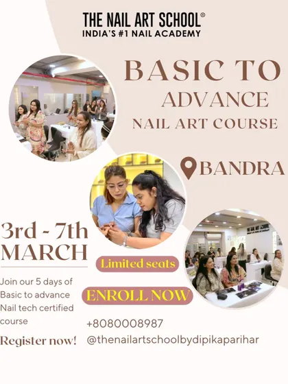 An announcement for our 5-day Basic to Advanced nail art course in Bandra. We offer structured programs designed to take you from beginner to pro.
