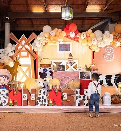 The birthday boy exploring his barnyard party. We create interactive and engaging environments for kids to enjoy.