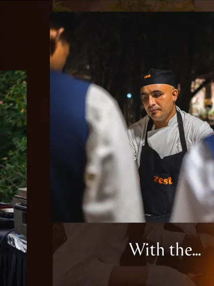 A collage showing a chef interacting with a guest.